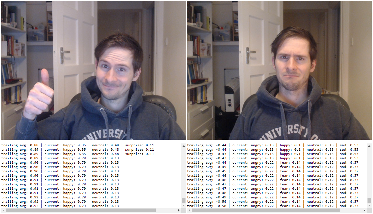 Side by side comparison of the debug log when I'm happy vs. when I'm sad.
