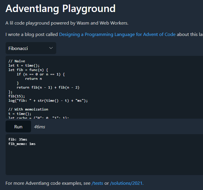 The code playground's user interface. Input section, run button, output section.