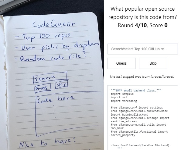 A notebook sketch of the CodeGuessr UI, and the final UI in a web browser.