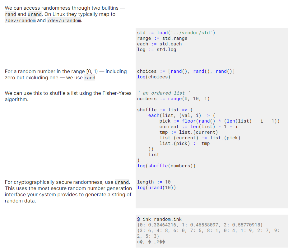 The Random example page that explains how rand() and urand() work