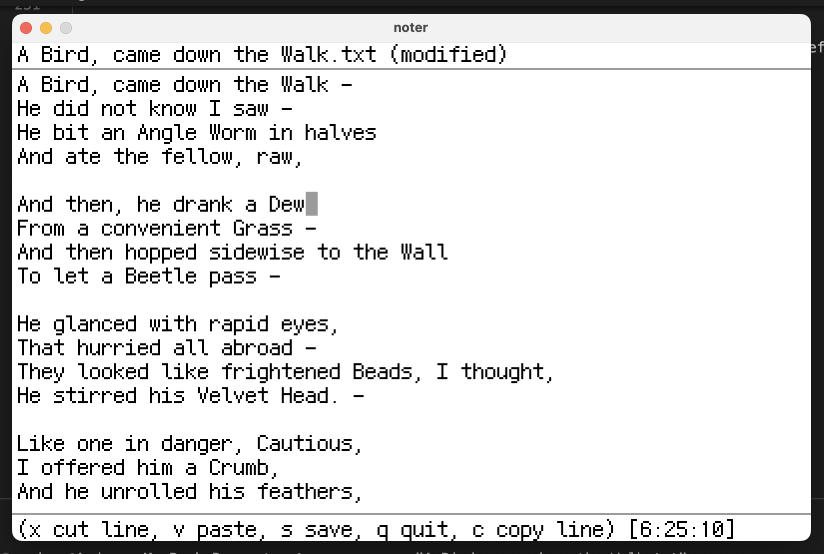 A screenshot of noter – which looks like nano – an Emily Dickinson poem is being edited.