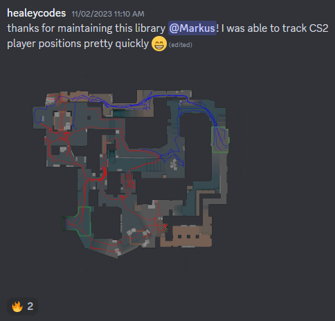 Thanking Markus for maintaining the library in Discord, and a screenshot of my early line-drawing experiment.